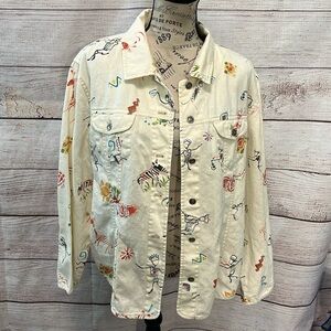 Chico’s Button Down Jacket Linen Blend  Jungle Tribal Metal Button Size 3 XL